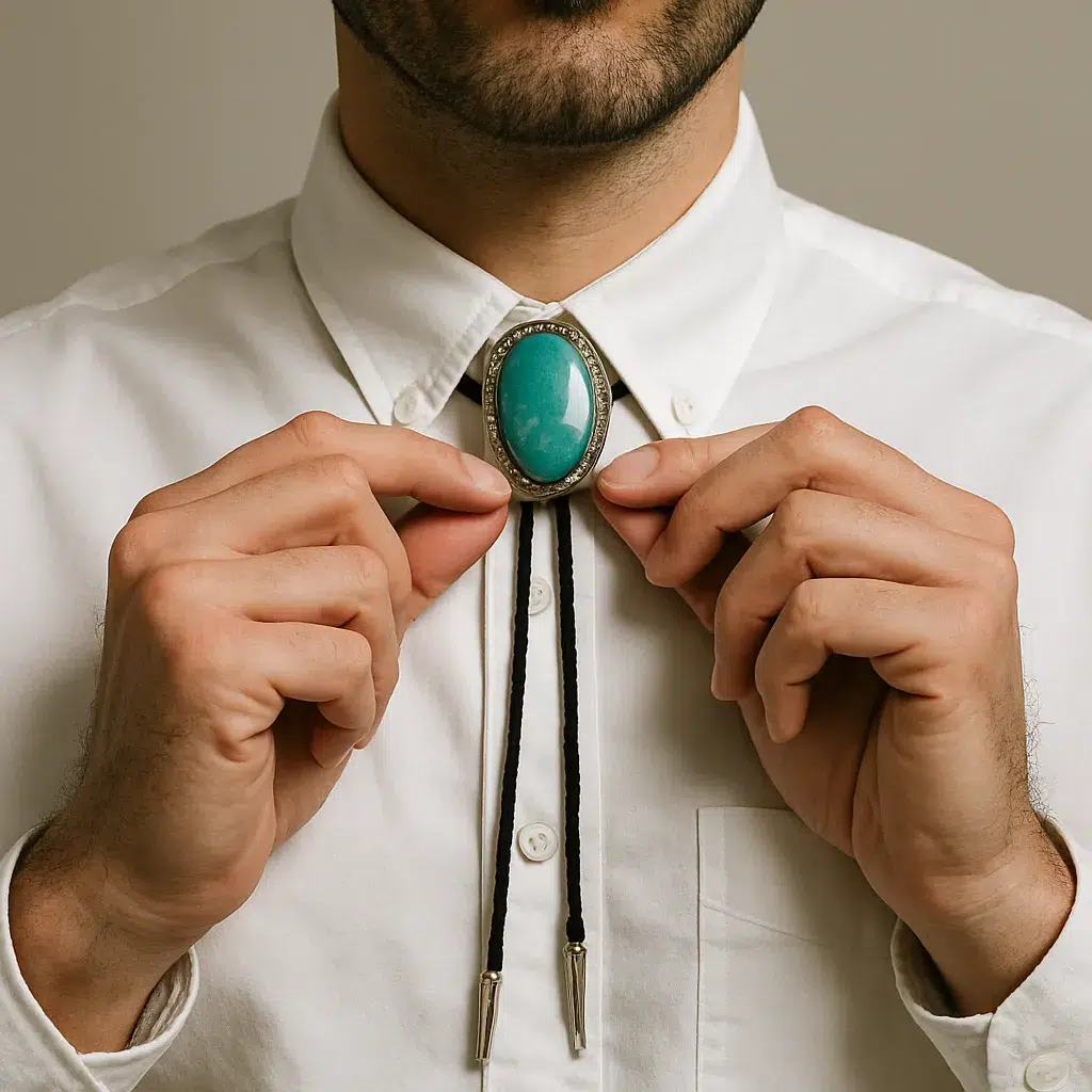 A close-up view of a collector adjusting a classic Native American turquoise bolo tie.