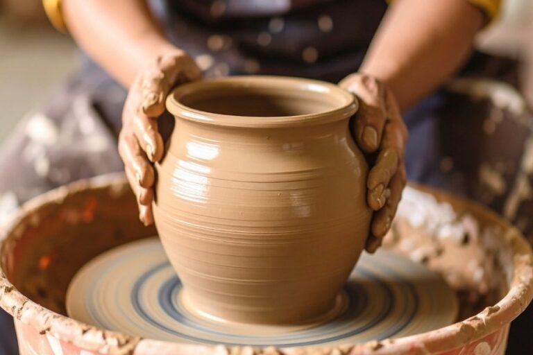 An artisan shaping wet clay by hand to create traditional Southwest Native American pottery.
